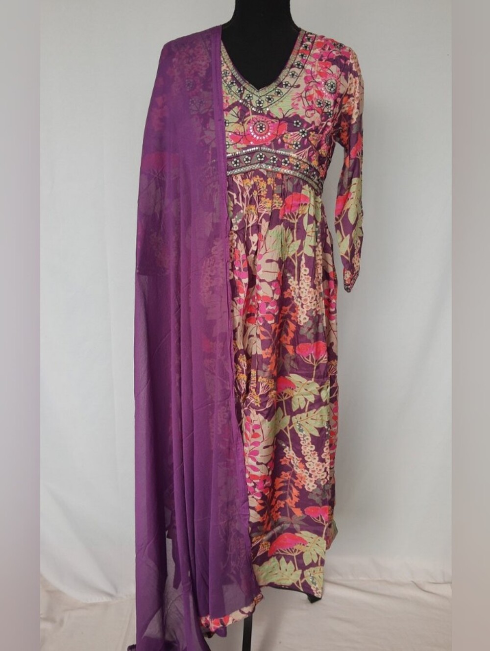 Purple Floral Alie Kurta With Pant And Dupatta
